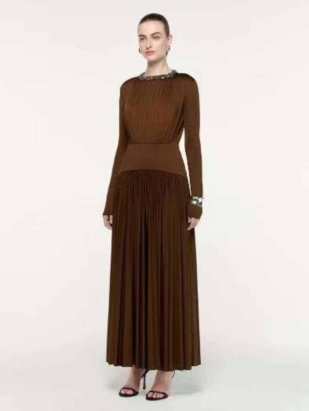 Roland Mouret Brown Embellished Neck Long Sleeved Gathered Dress